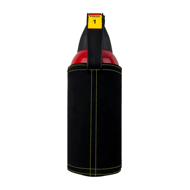 Black Alcantara fire extinguisher cover with yellow stitching