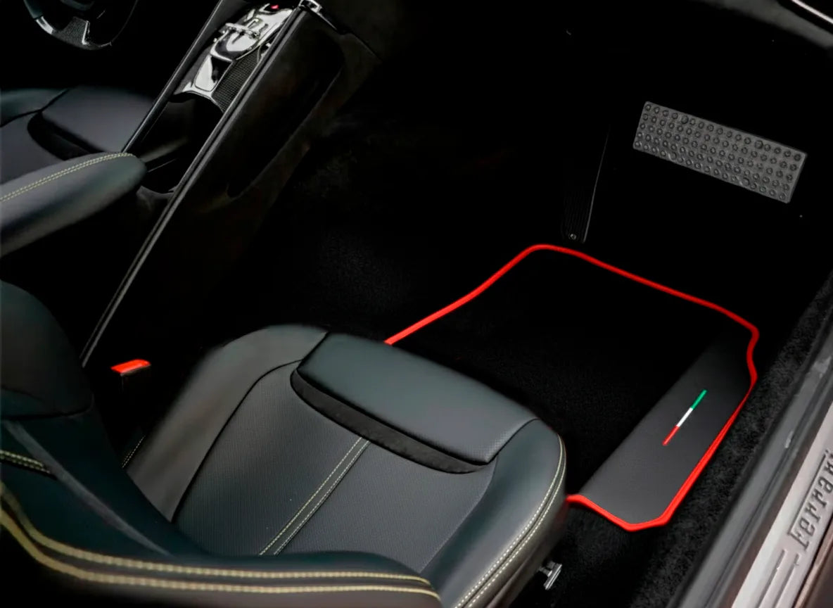 Black Floor Mats For Ferrari GTC4 Lusso (2016-2023) with Leather and Red Trim