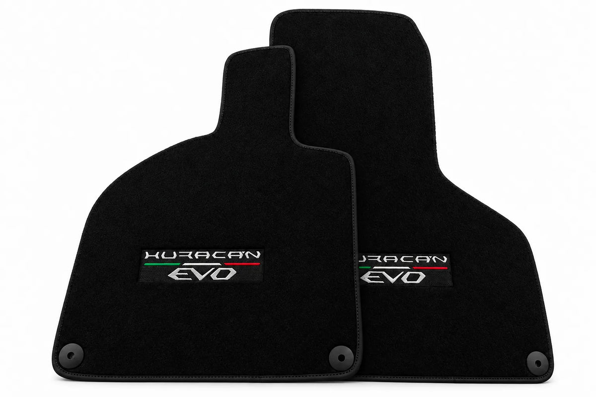 Black Floor Mats for Lamborghini Huracan EVO (2019-2024) with White Trim Black trim