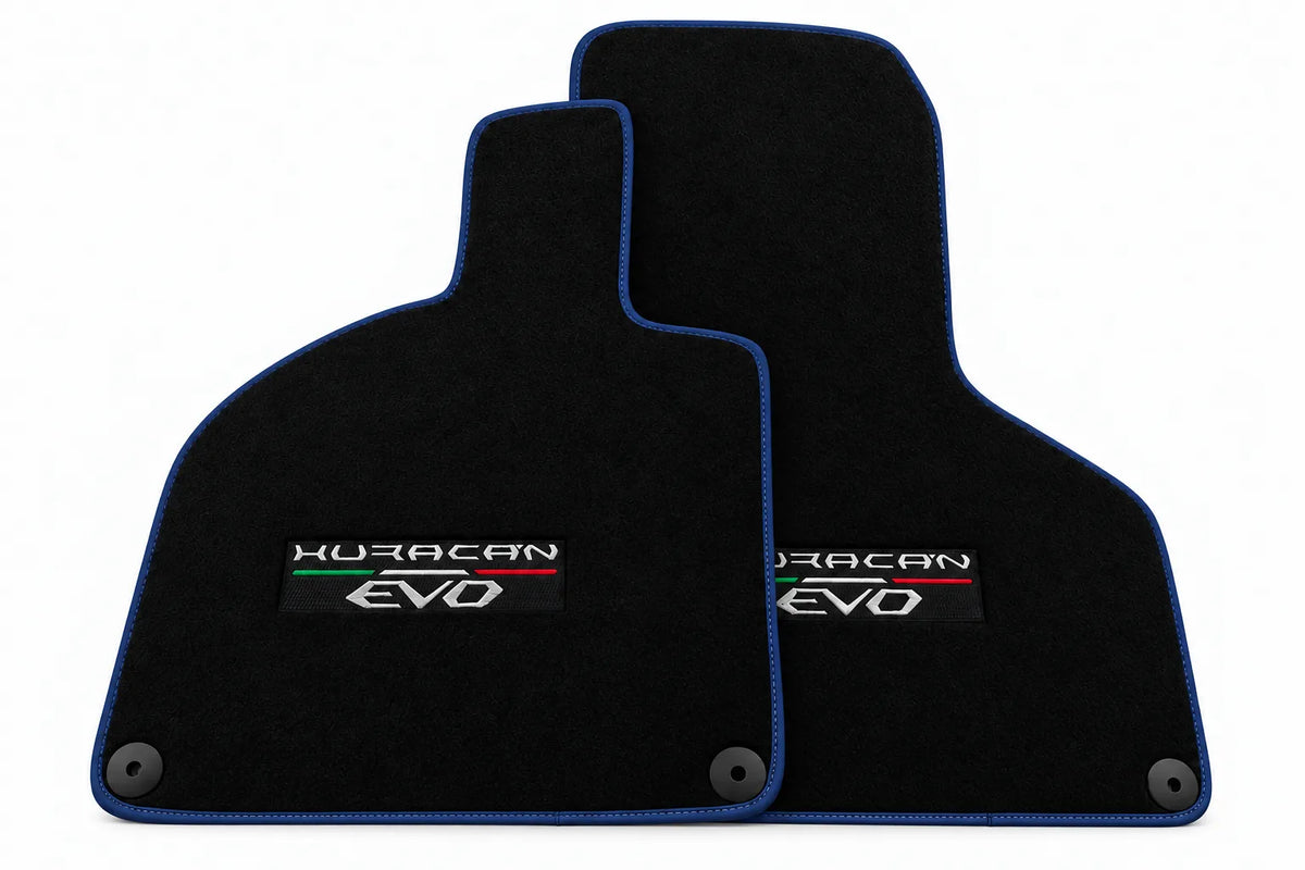 Black Floor Mats for Lamborghini Huracan EVO (2019-2024) with White Trim Dark Blue trim
