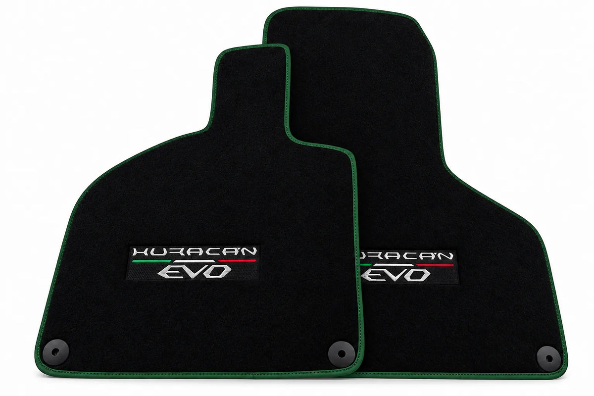 Black Floor Mats for Lamborghini Huracan EVO (2019-2024) with White Trim Dark Green trim