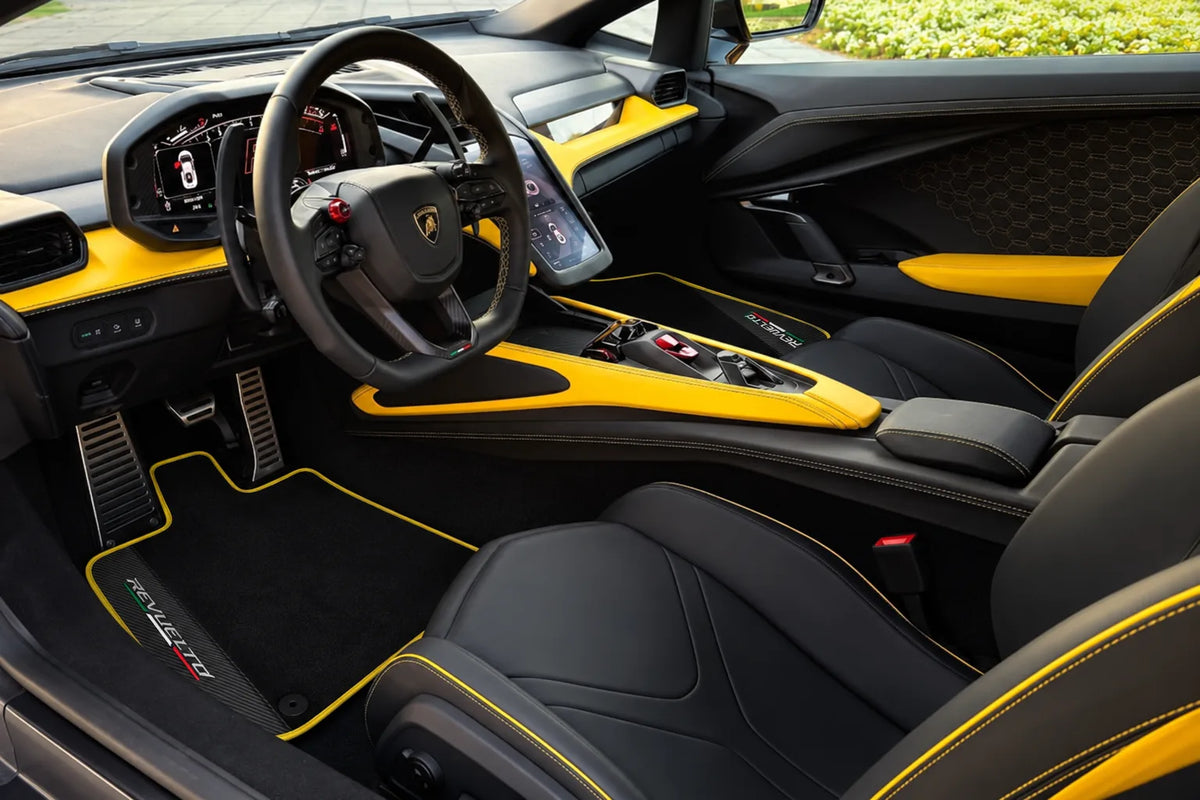 Black Floor Mats with Carbon Fiber for Lamborghini Revuelto (2024-2027) | Various Trim Colors inside the vehicle