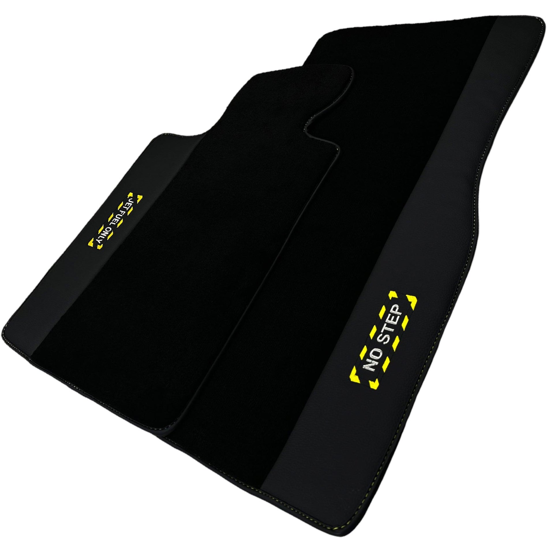 Black Floor Mats with Leather for BMW Gran Tourer F46 (2015-2022) 5 Seats - "Jet Fuel Only" - AutoWin