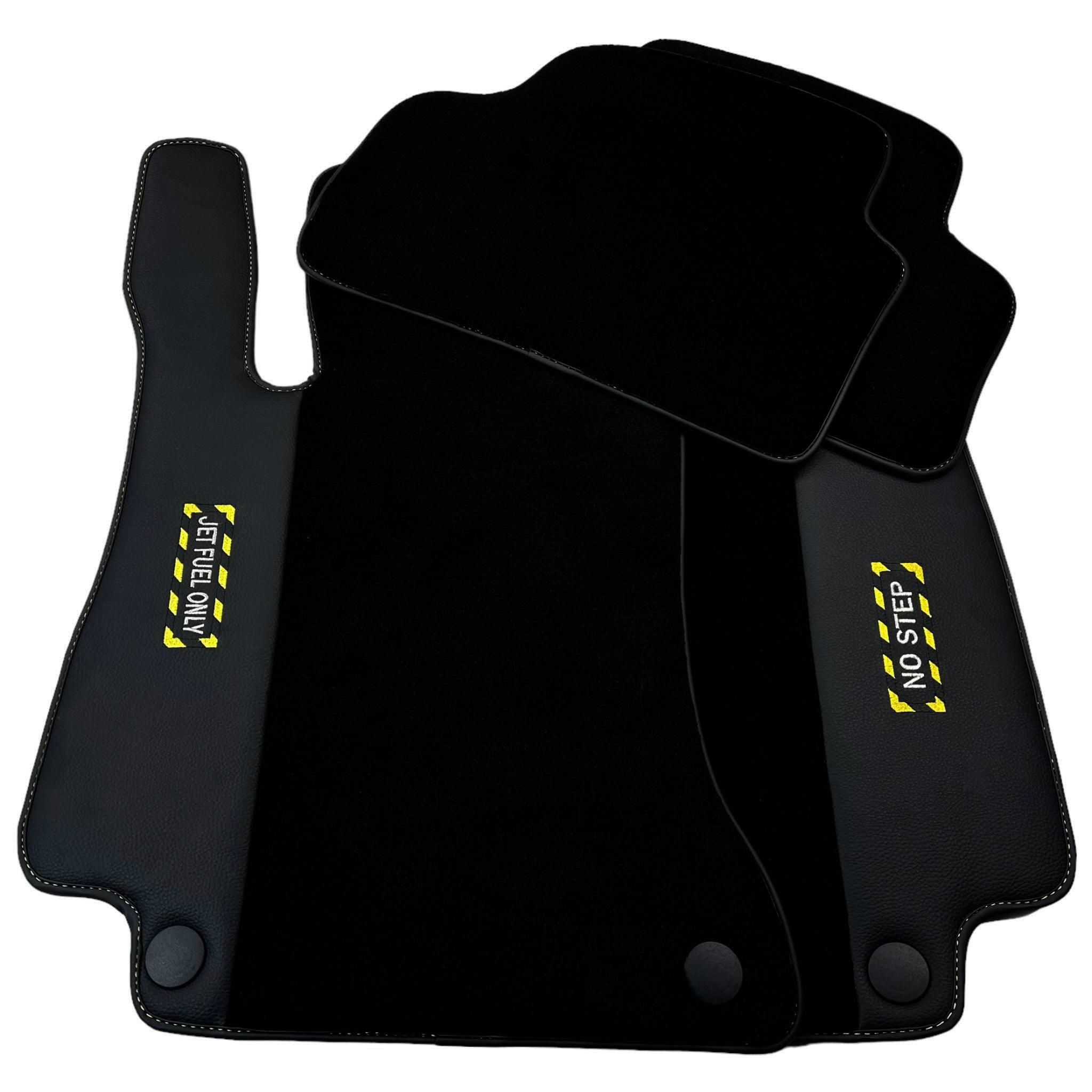 Black Floor Mats with Leather for Mercedes Benz E-Class W213 Sedan (2016-2020) - "Jet Fuel Only" - AutoWin