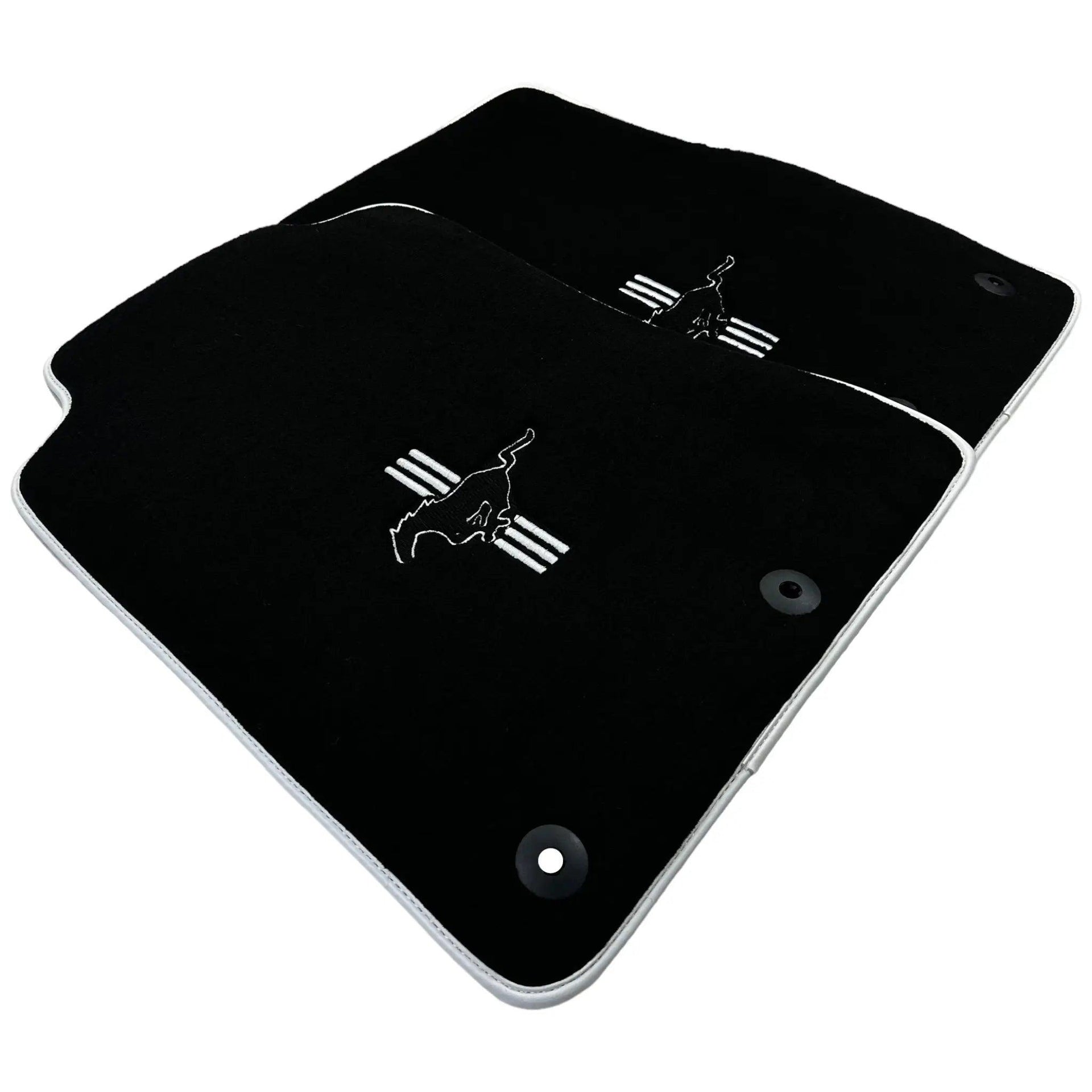Black Floor Mats with White Trim for Ford Mustang V FL (2011-2014) With Pony - AutoWin