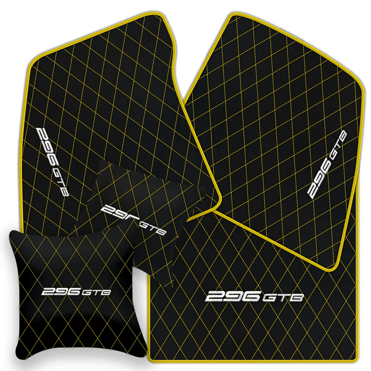 Black Leather Floor Mats for Ferrari 296 GTB (2022-2027) with Single Diamond Pattern | Full Set Option