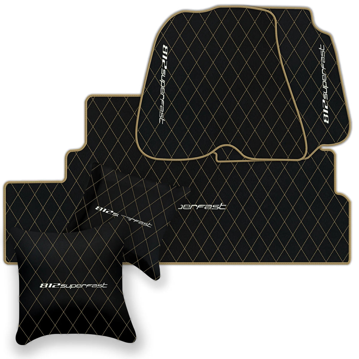 Black Leather Floor Mats for Ferrari 812 Superfast (2018-2023) with Single Diamond Pattern | Full Set Option