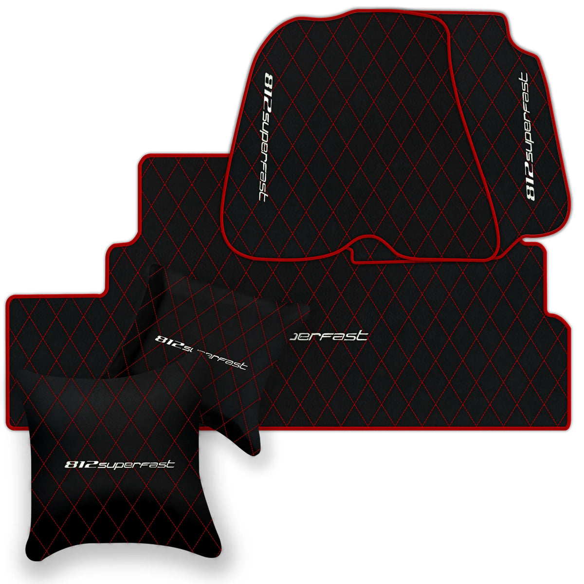 Black Leather Floor Mats for Ferrari 812 Superfast (2018-2023) with Single Diamond Pattern | Full Set Option
