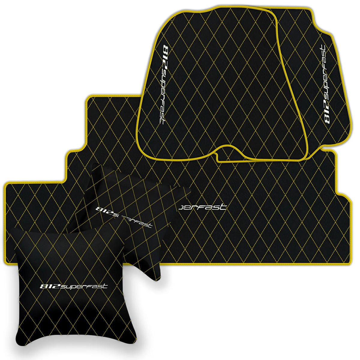 Black Leather Floor Mats for Ferrari 812 Superfast (2018-2023) with Single Diamond Pattern | Full Set Option