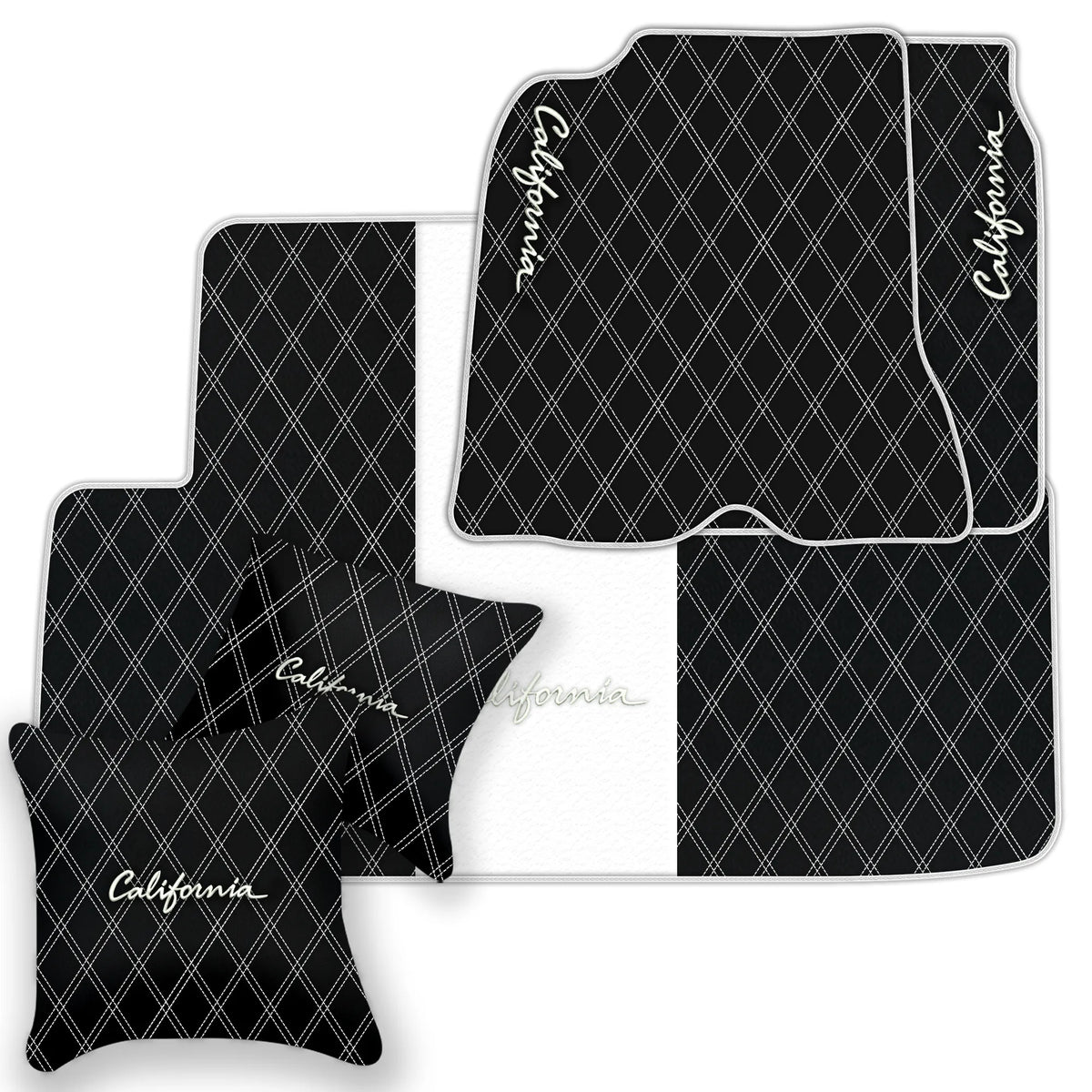 Black Leather Floor Mats for Ferrari California (2008-2014) with Double Diamond Pattern | Full Set Option