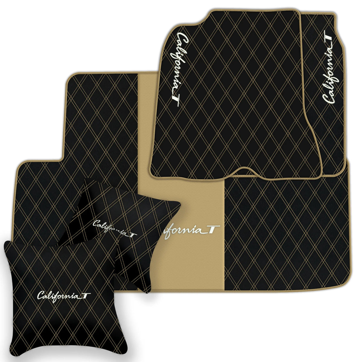 Black Leather Floor Mats for Ferrari California T (2015-2018) with Double Diamond Pattern | Full Set Option