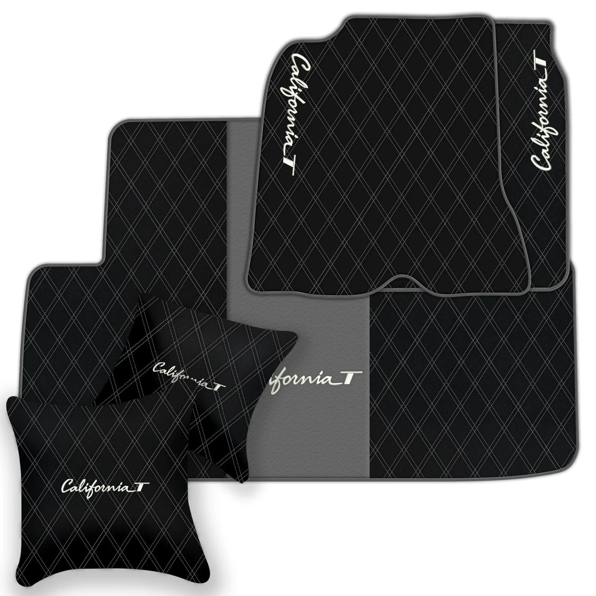 Black Leather Floor Mats for Ferrari California T (2015-2018) with Double Diamond Pattern | Full Set Option