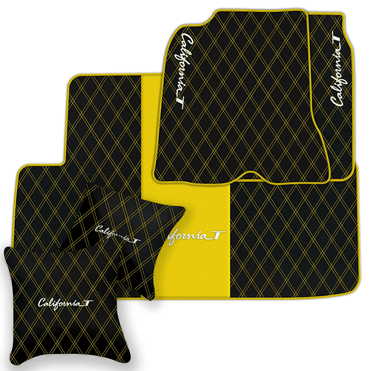 Black Leather Floor Mats for Ferrari California T (2015-2018) with Double Diamond Pattern | Full Set Option