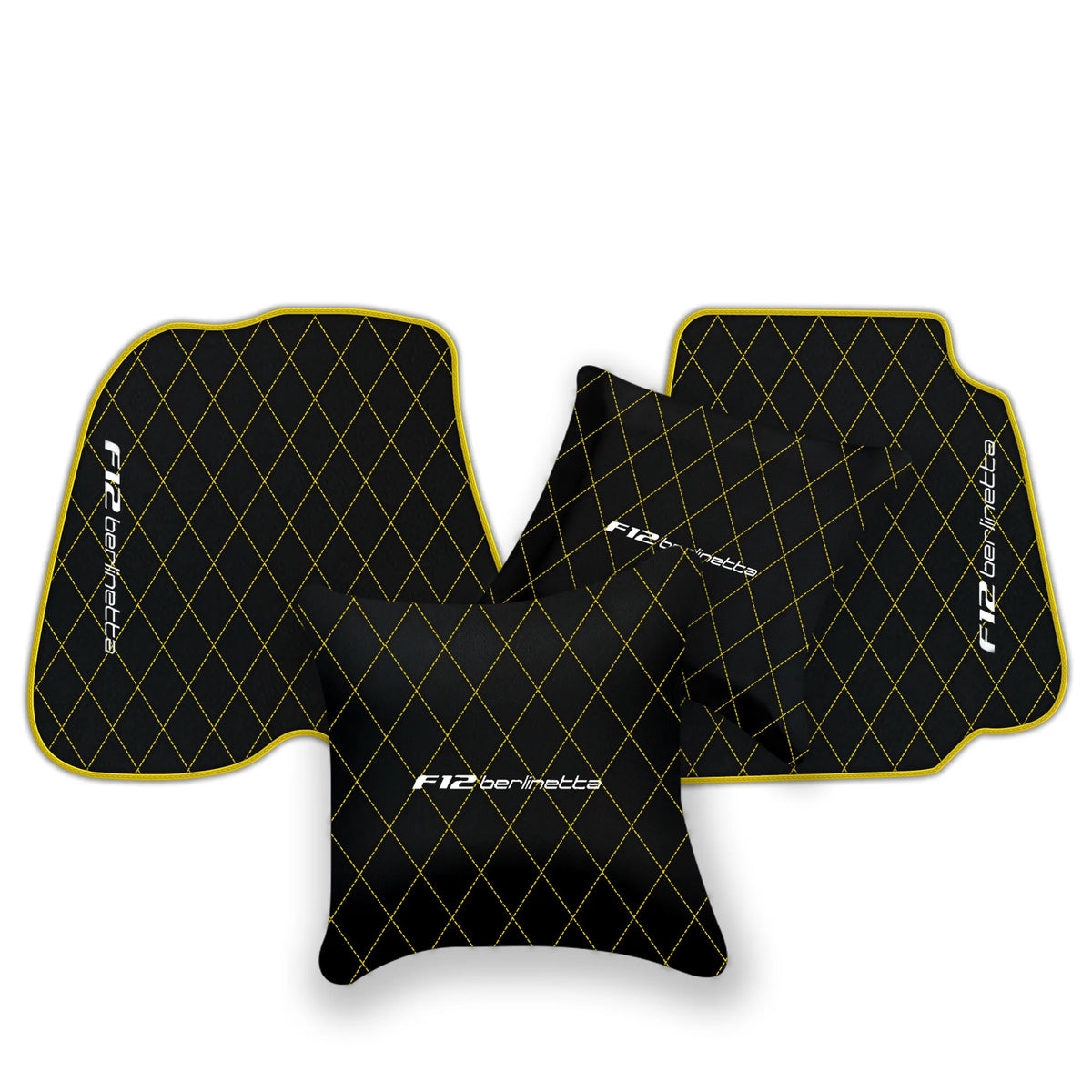 Black Leather Floor Mats for Ferrari F12 Berlinetta (2012-2022) with Single Diamond Pattern | Full Set Option