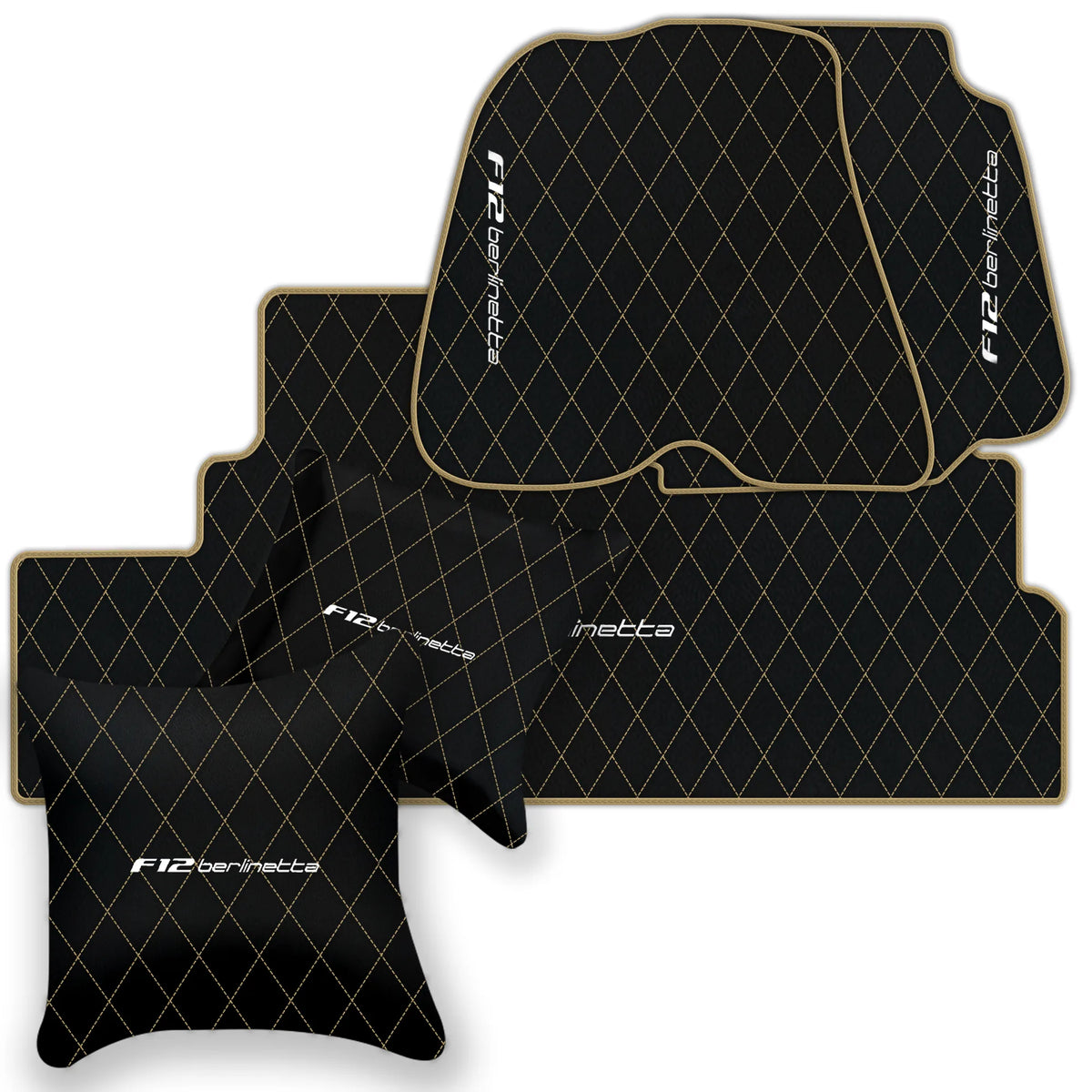 Black Leather Floor Mats for Ferrari F12 Berlinetta (2012-2022) with Single Diamond Pattern | Full Set Option