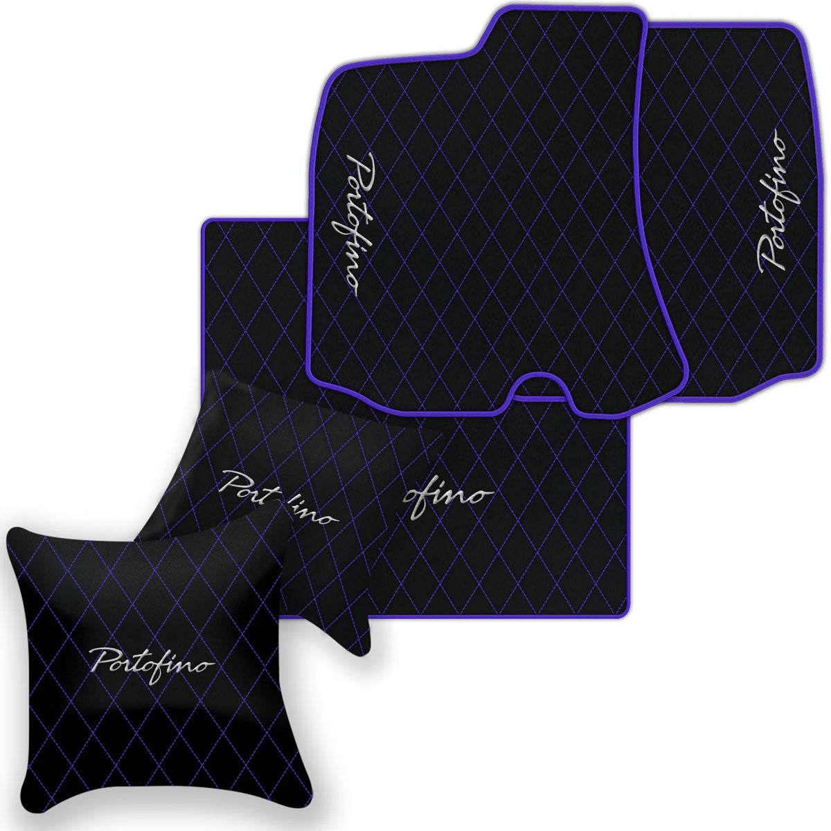 Black Leather Floor Mats for Ferrari Portofino (2018-2023) with Single Diamond Pattern | Full Set Option