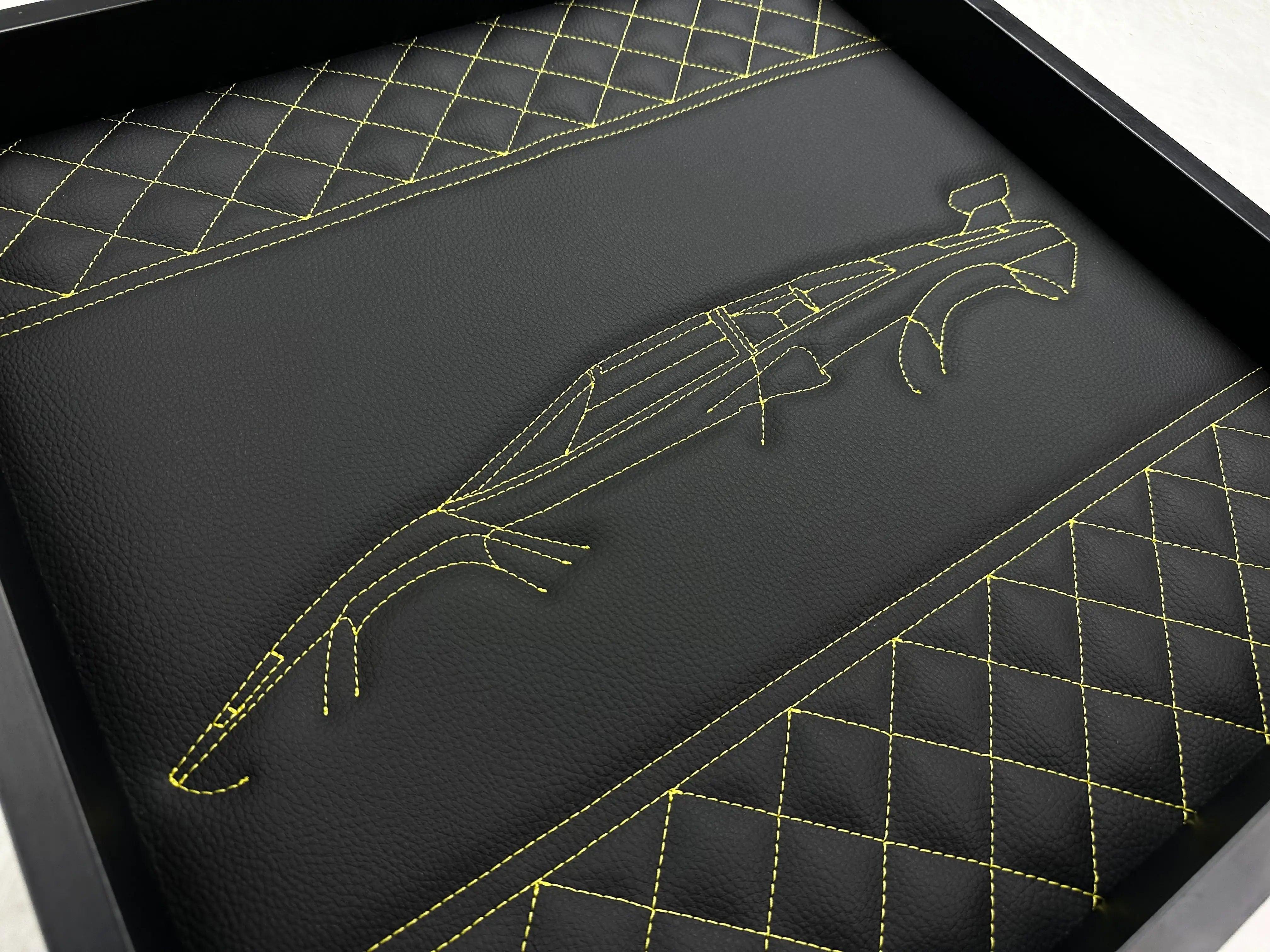 Black Leather Lamborghini Countach Inspired Wall Art: Embroidered Yellow Stitch Luxury Decor - AutoWin