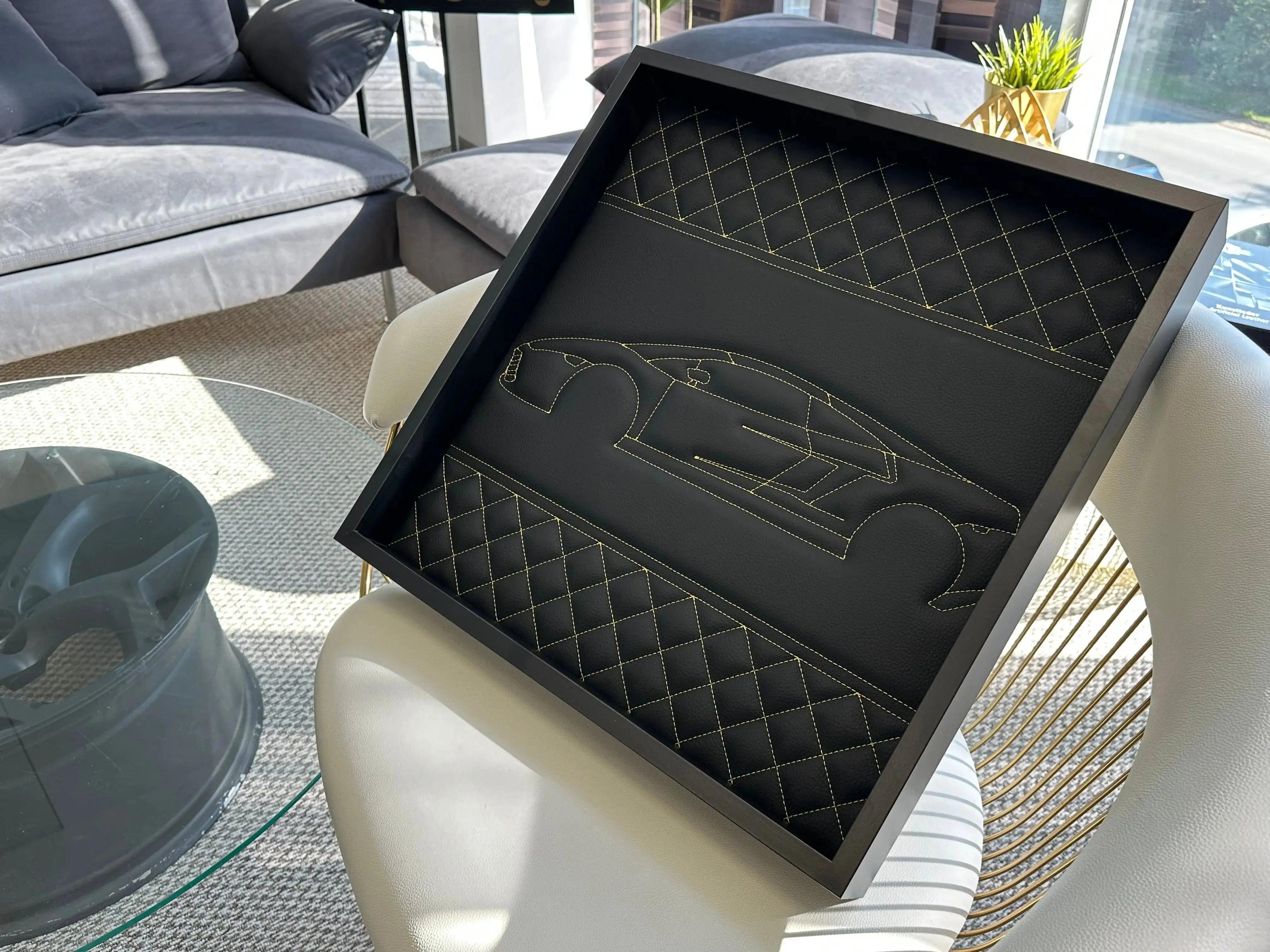 Black Leather Lamborghini Gallardo Inspired Wall Art: Embroidered Yellow Stitch Luxury Decor - AutoWin