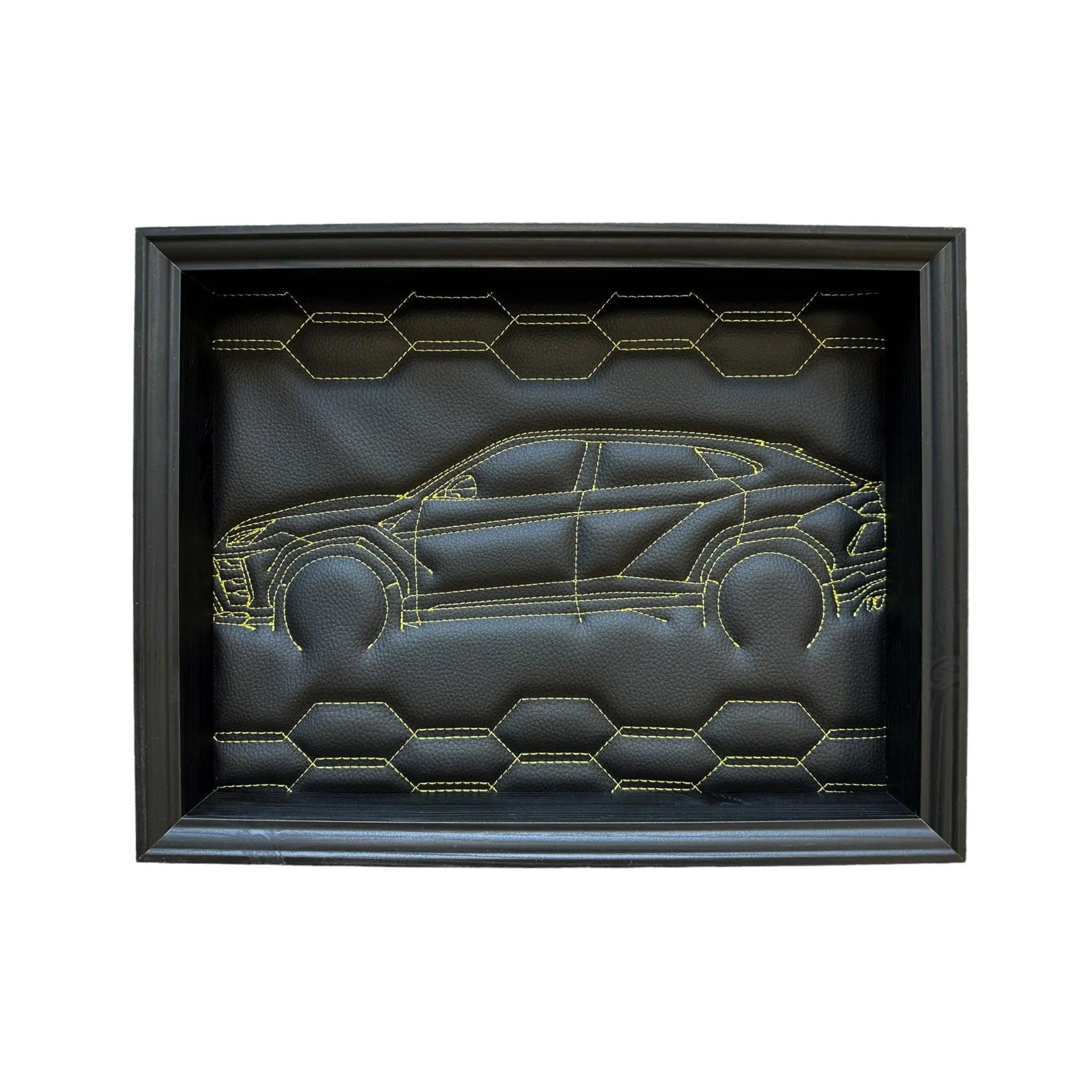 Black Leather Lamborghini Urus Inspired Wall Art: Embroidered Yellow Stitch - AutoWin