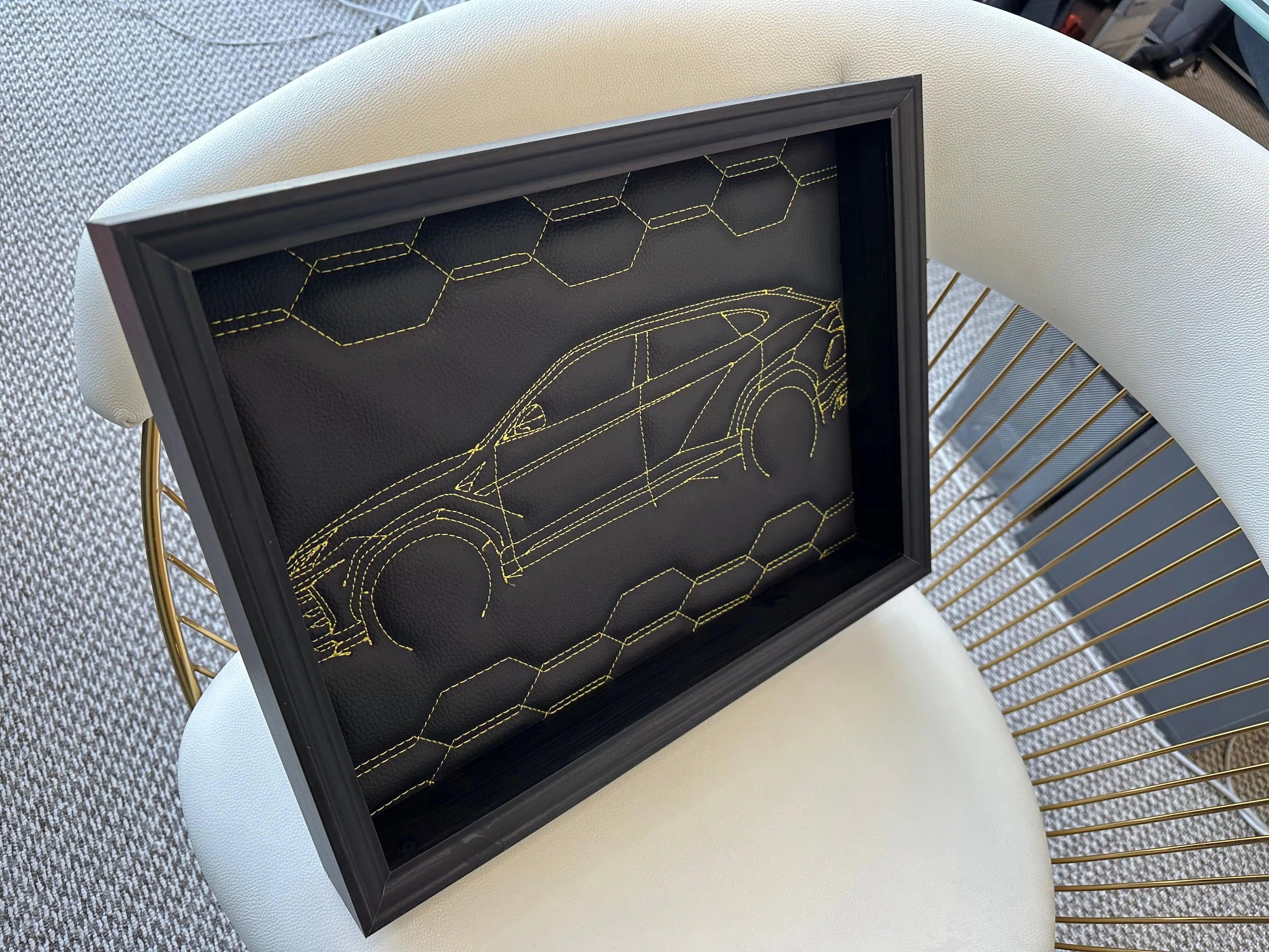 Black Leather Lamborghini Urus Inspired Wall Art: Embroidered Yellow Stitch - AutoWin