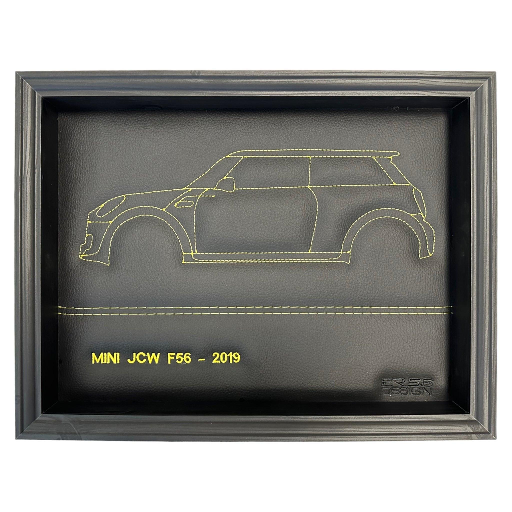 Black Leather Mini F56 Inspired Wall Art: Embroidered Yellow Stitch - AutoWin