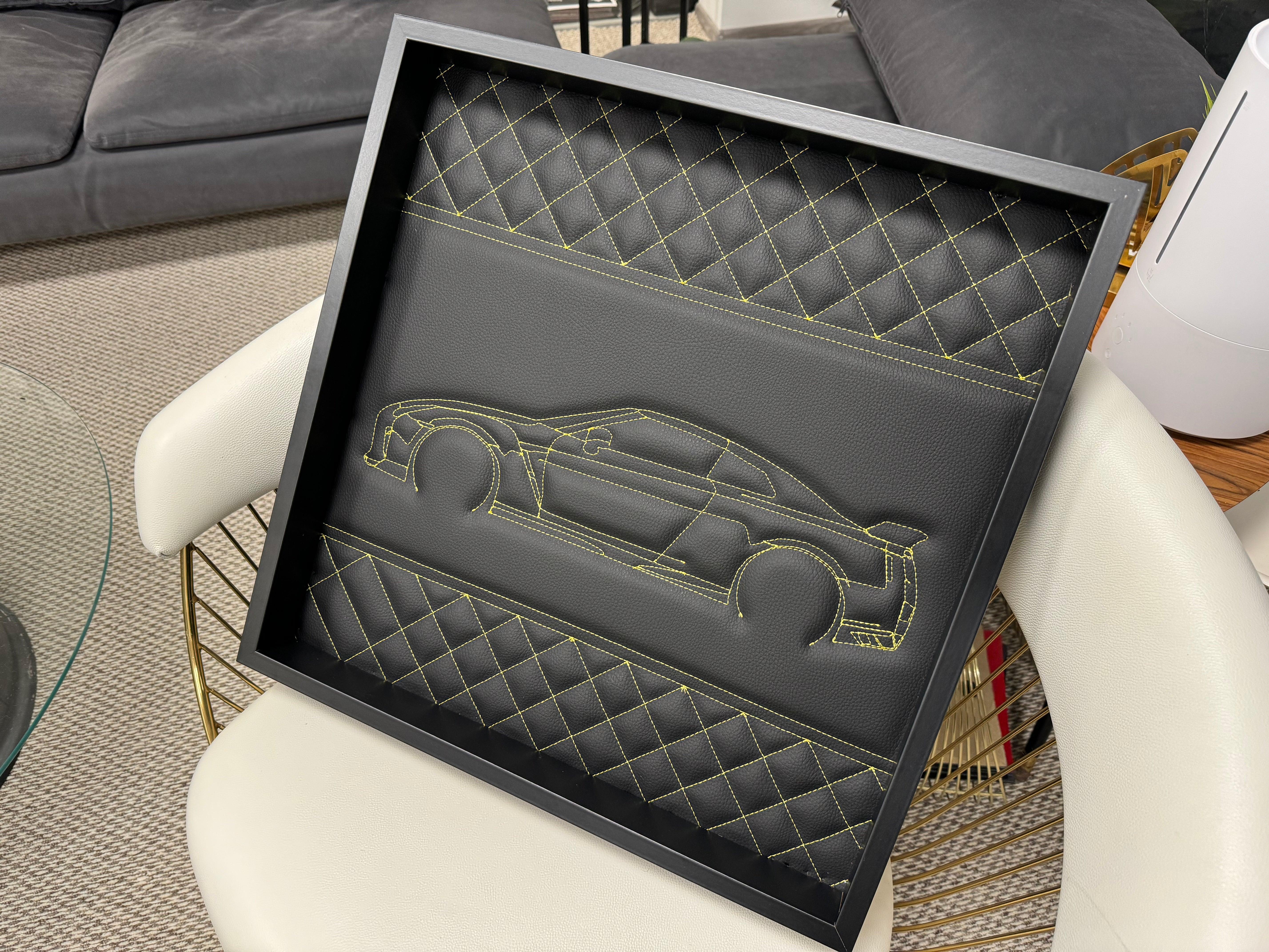Black Leather Nissan GTR Inspired Wall Art: Embroidered Yellow Stitch Luxury Decor - AutoWin