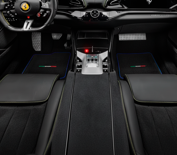 Black Floor Mats for Ferrari Purosangue with Green Trim | Italian Edition - AutoWin