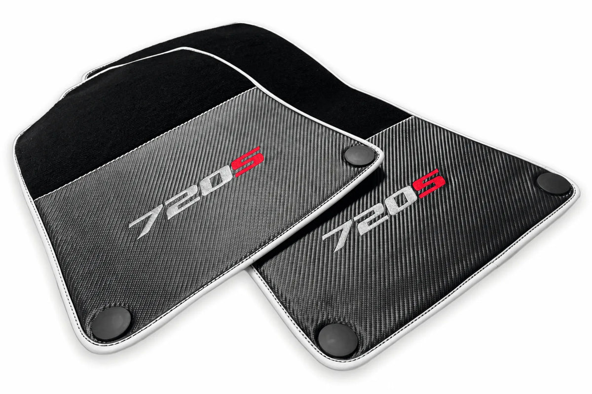 Floor Mats For McLaren 720S Black Tailored Carpets With Carbon White trim