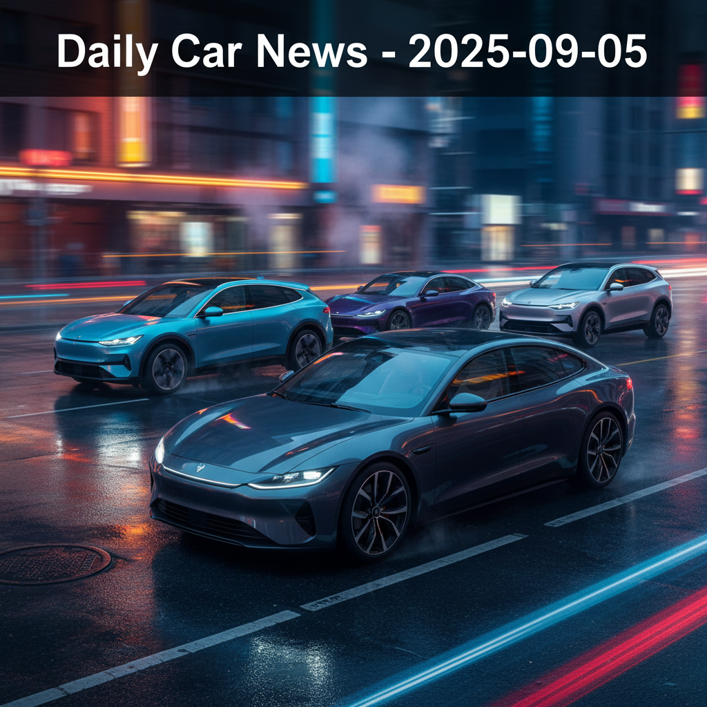 Editorial, photo-realistic HERO for an automotive daily news article titled "Daily Car News - 2025-09-05". Depict ONLY brands and body styles clearly 