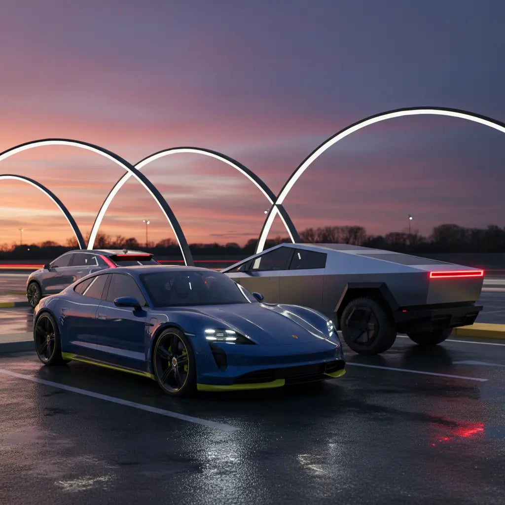 Editorial, photo-realistic HERO for an automotive daily news article titled "Daily Car News - 2025-09-08". Depict ONLY brands and body styles clearly 