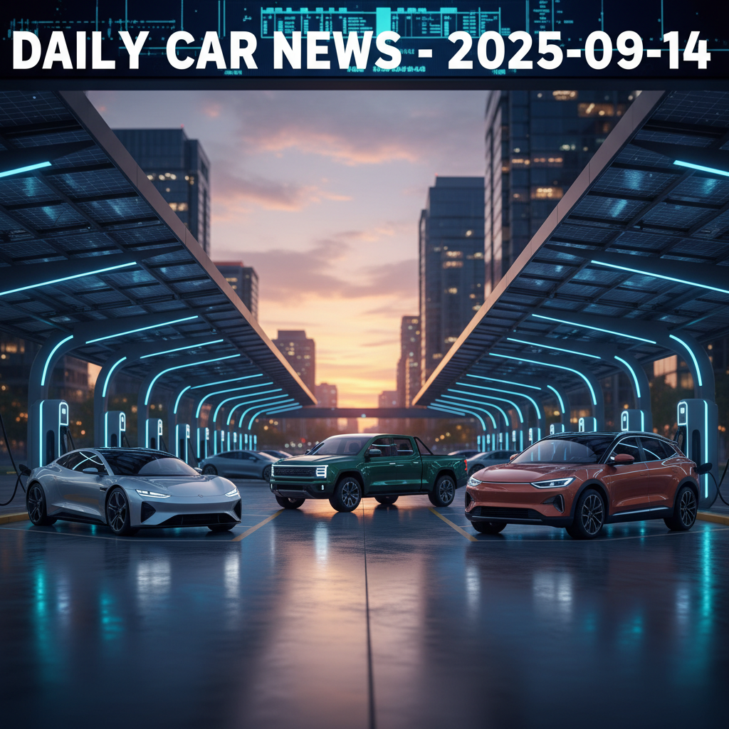 Editorial, photo-realistic HERO for an automotive daily news article titled "Daily Car News - 2025-09-14". Depict ONLY brands and body styles clearly 