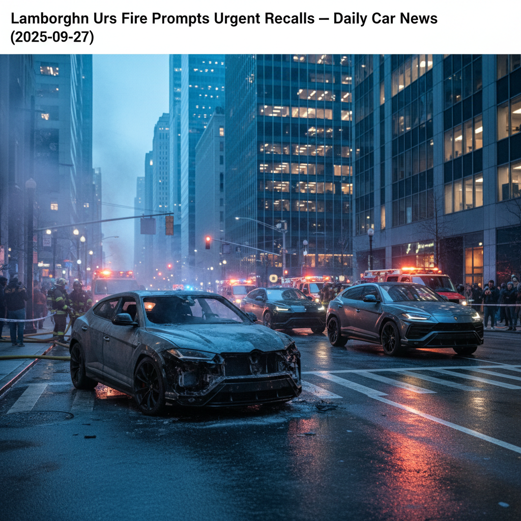 Editorial, photo-realistic HERO for an automotive daily news article titled "Lamborghini Urus Fire Prompts Urgent Recalls – Daily Car News (2025-09-27