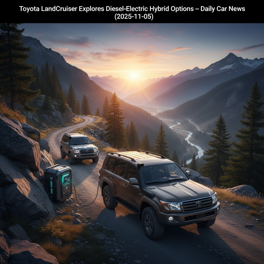 Editorial, photo-realistic HERO for an automotive daily news article titled "Toyota LandCruiser Explores Diesel-Electric Hybrid Options – Daily Car Ne