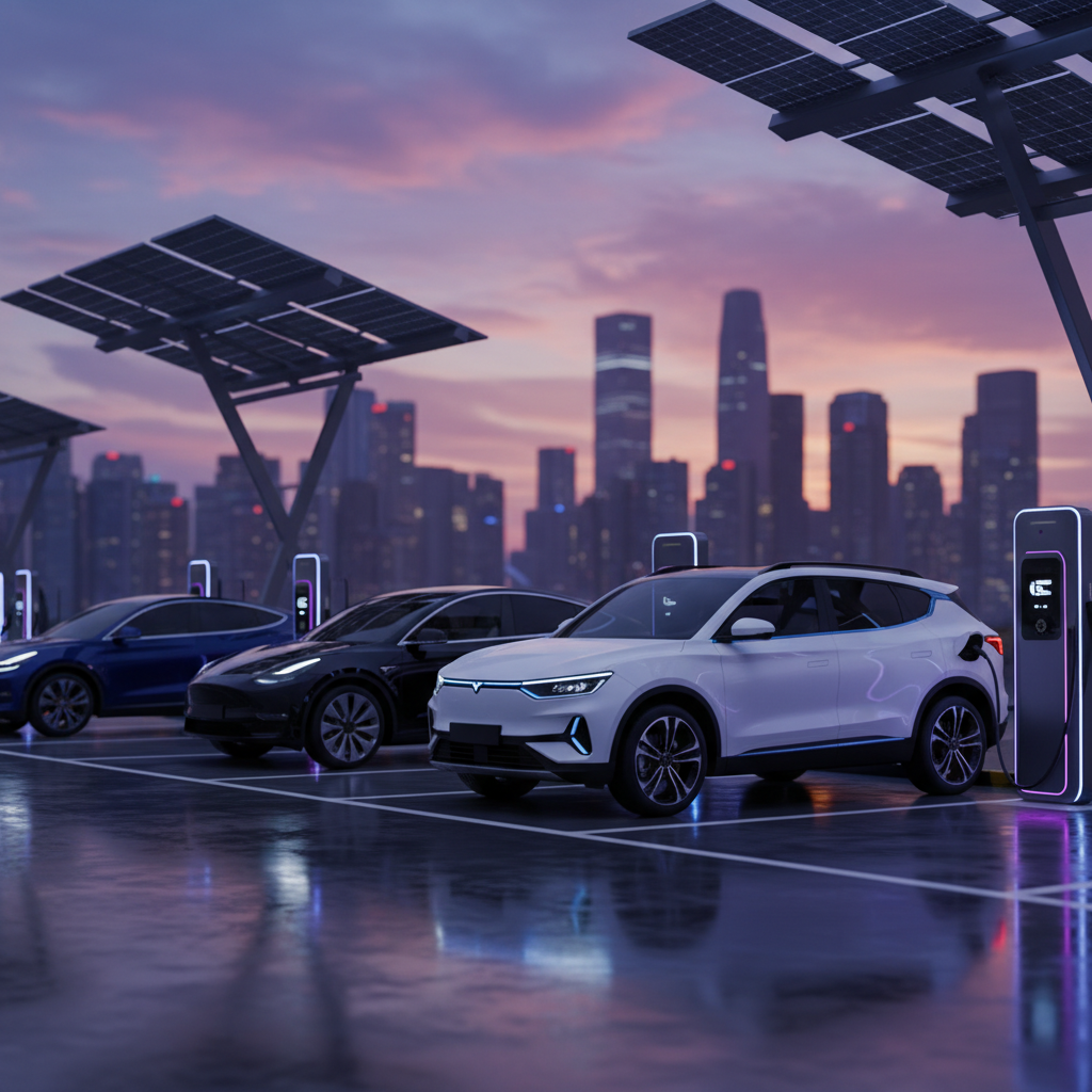 Editorial, photo-realistic HERO for an automotive daily news article titled "KGM Torres EVX Aims to Compete with Model Y – Daily Car News (2025-11-25)