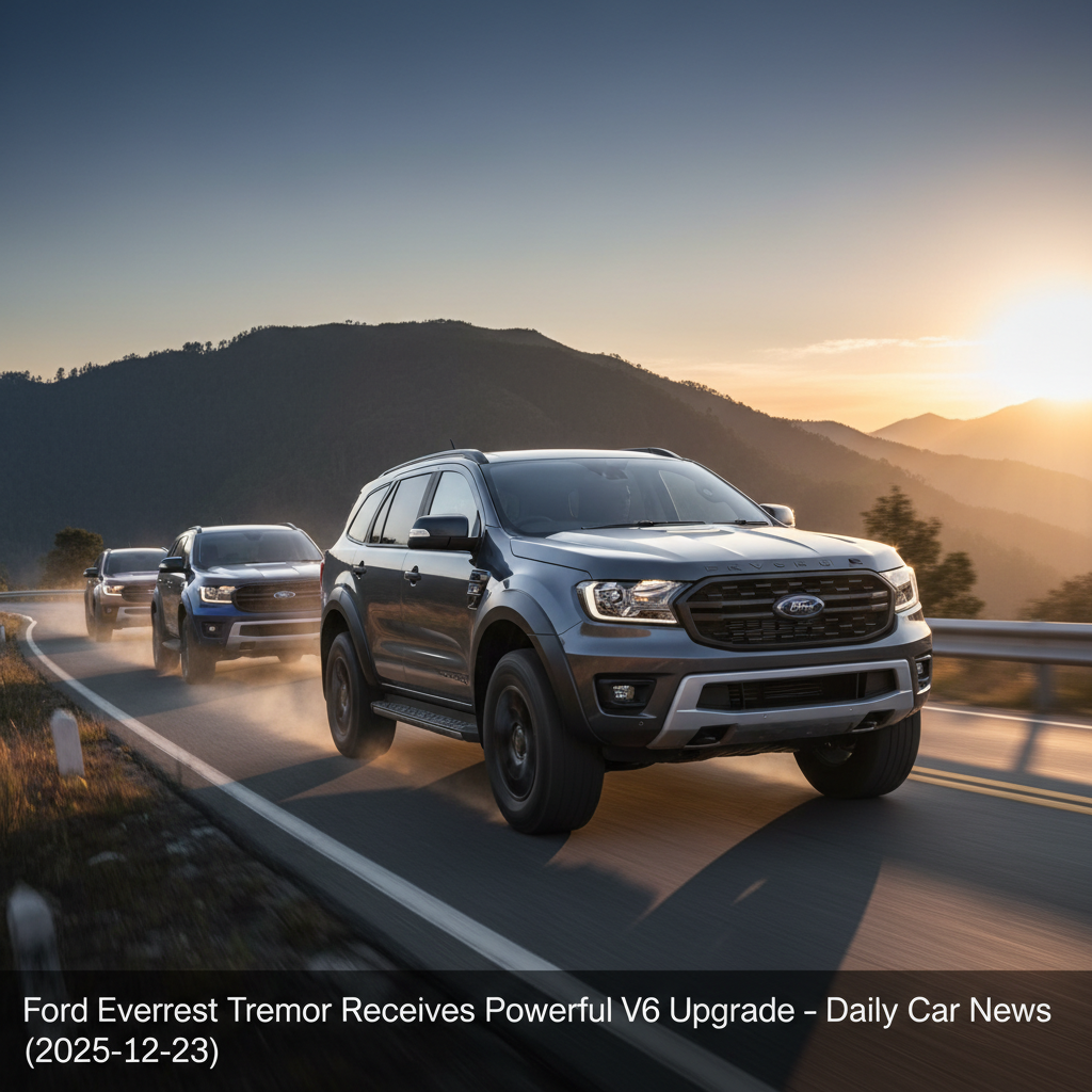 Editorial, photo-realistic HERO for an automotive daily news article titled "Ford Everest Tremor Receives Powerful V6 Upgrade – Daily Car News (2025-1