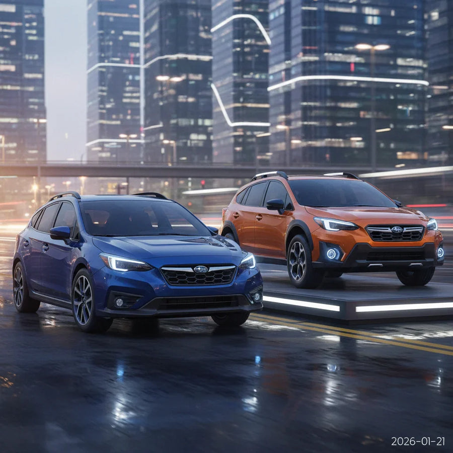 Editorial photo-realistic HERO image for automotive news (2026-01-21). Feature Subaru vehicles specifically 2026 Subaru Impreza, 2026 Subaru Crosstrek