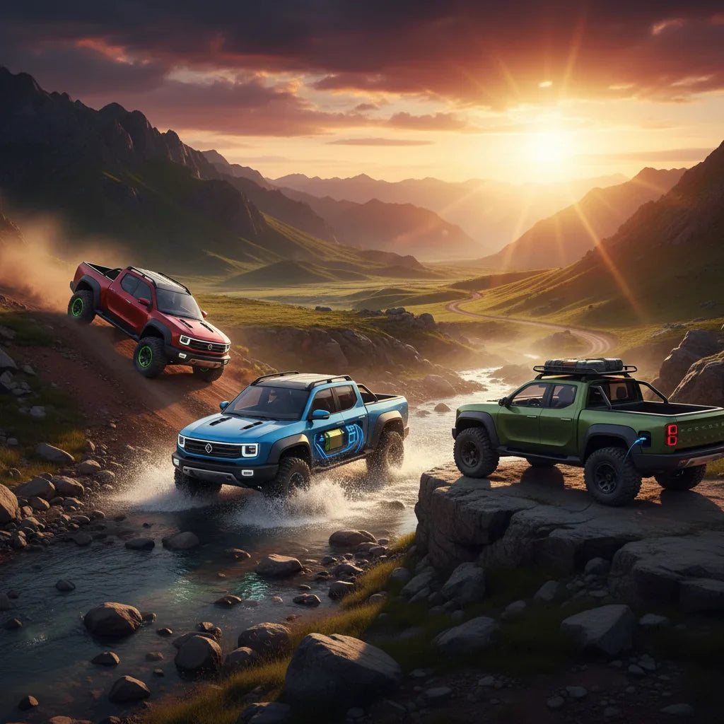 Editorial photo-realistic HERO image for automotive news (2026-03-12). Feature Chery vehicles specifically plug-in hybrid diesel ute. Scene: A vibrant