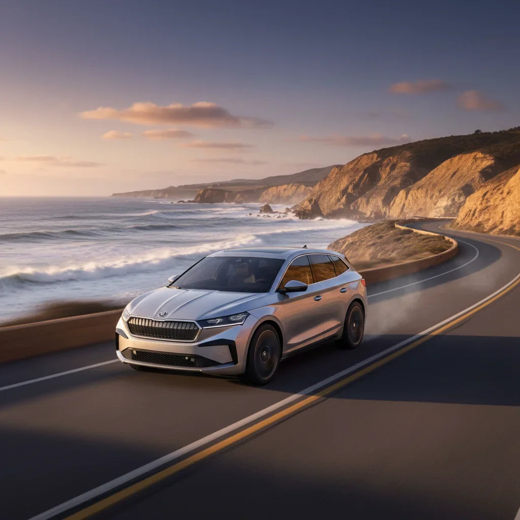 Editorial automotive photography: Skoda Elroq 60 Select as the hero subject. Context: A review showcasing the performance and design of the 2026 Skoda