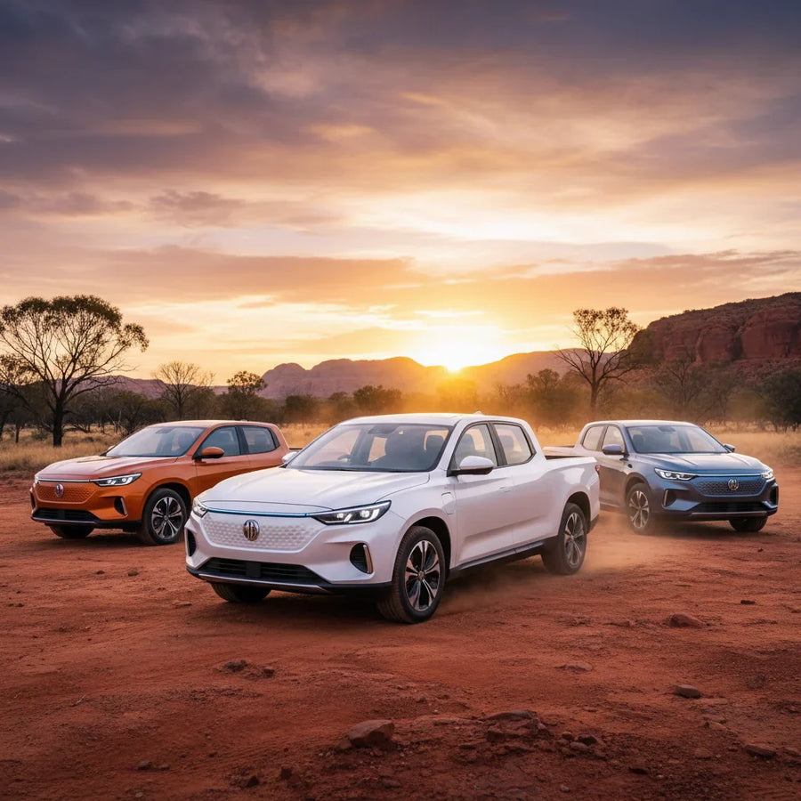 Editorial photo-realistic HERO image for automotive news (2026-03-24). Feature MG vehicles specifically U9 EV. Scene: A dynamic outdoor setting showca