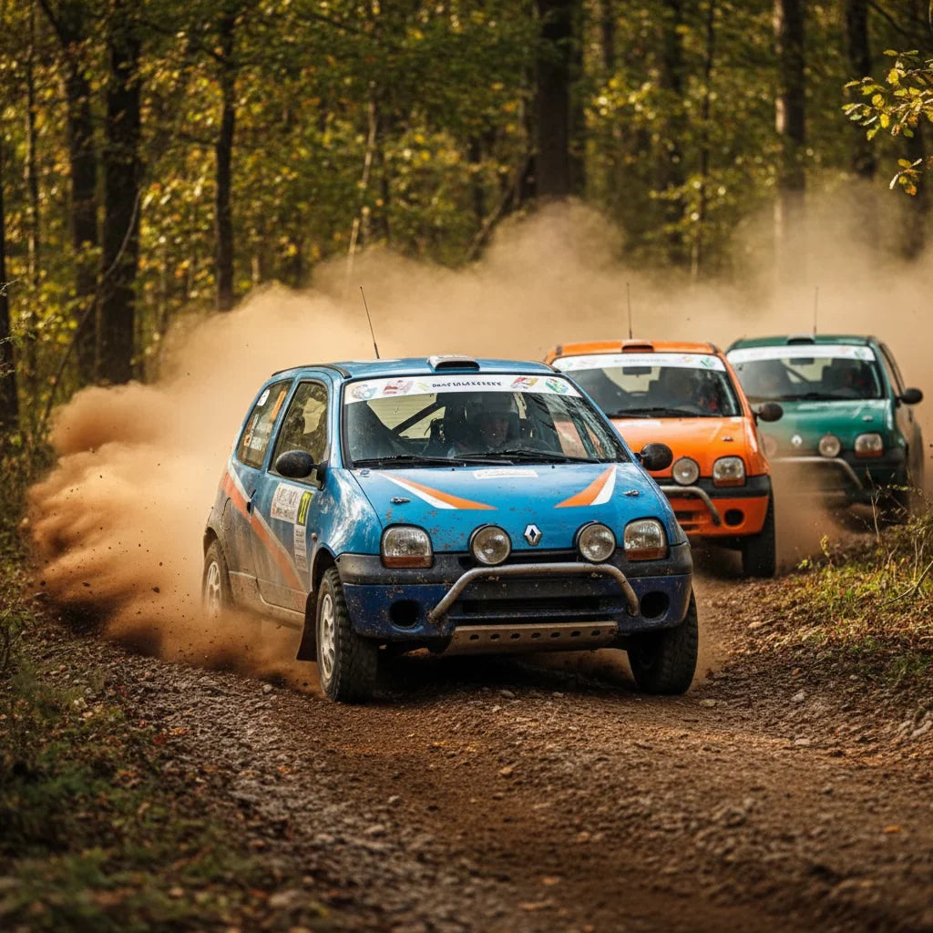 Editorial photo-realistic HERO image for automotive news (2026-05-16). Feature Renault vehicles specifically Twingo. Scene: A modified Renault Twingo 