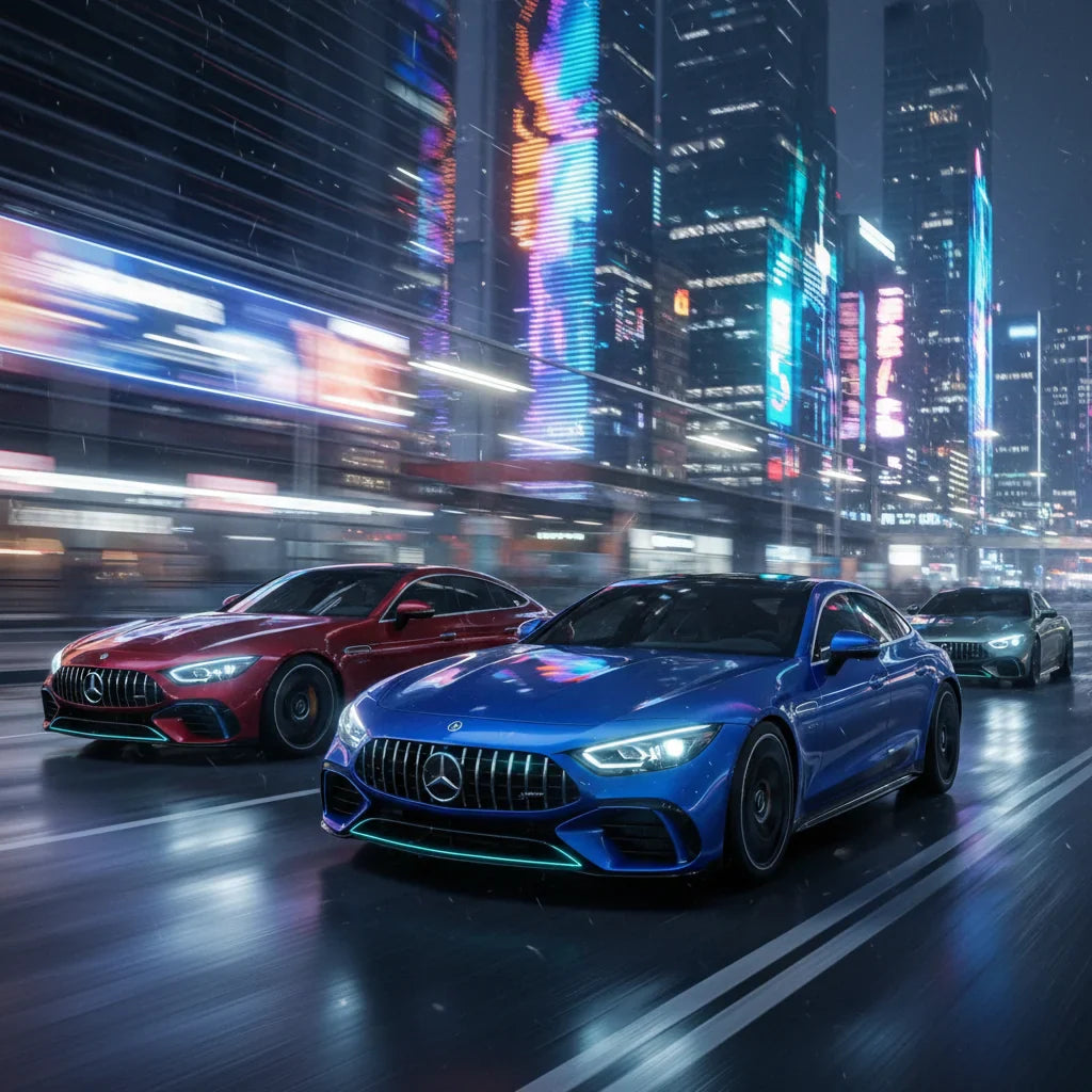 Editorial photo-realistic HERO image for automotive news (2026-05-20). Feature Mercedes-AMG vehicles specifically GT EV, GT 4-Door. Scene: The sleek a