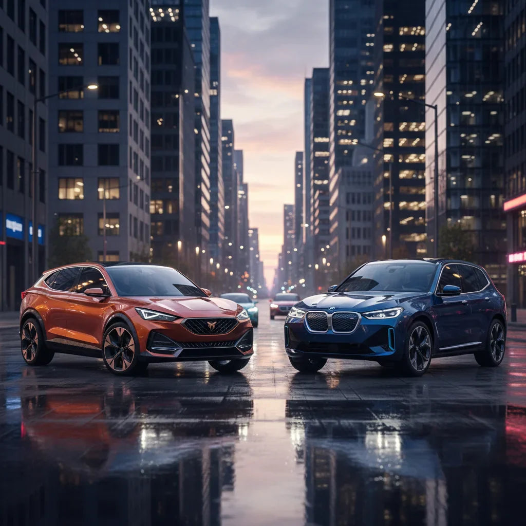 Editorial photo-realistic HERO image for automotive news (2026-05-23). Feature Cupra and BMW vehicles specifically Cupra Tindaya, BMW iX3. Scene: A dy