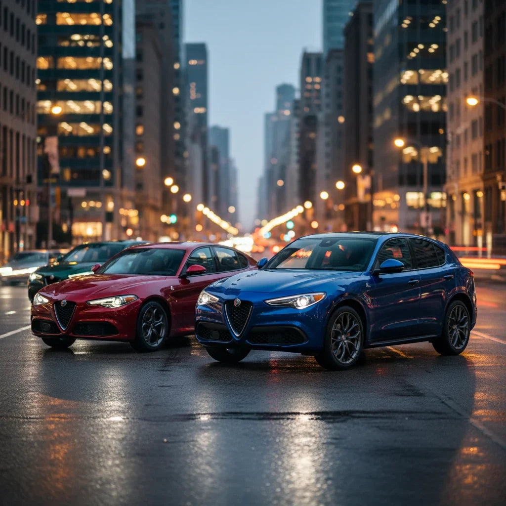 Editorial photo-realistic HERO image for automotive news (2026-05-26). Feature Alfa Romeo vehicles specifically Giulia, Stelvio. Scene: A sleek, moder