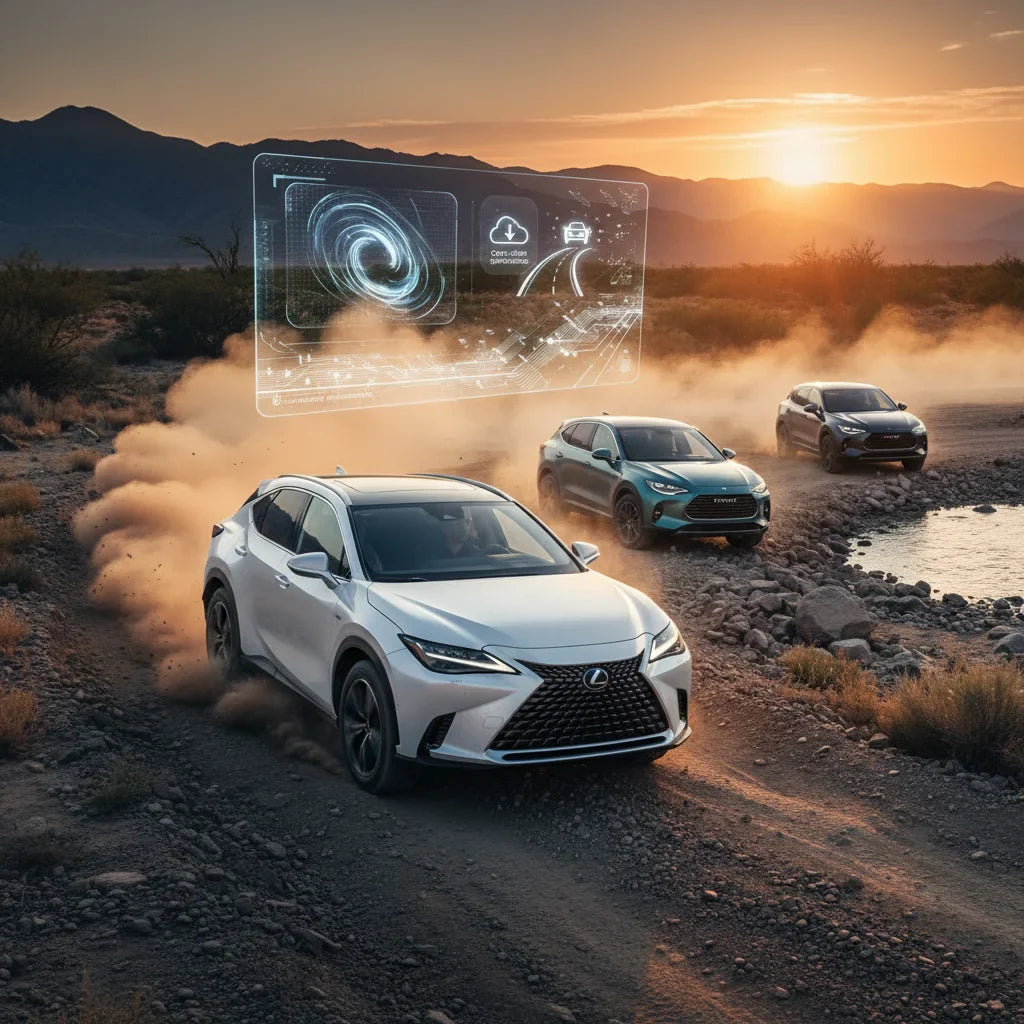 Editorial photo-realistic HERO image for automotive news (2026-05-28). Feature Lexus and Denza vehicles specifically Lexus Electric SUV, Denza. Scene: