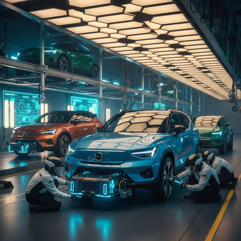 Editorial photo-realistic HERO image for automotive news (2026-05-29). Feature Volvo vehicles specifically EX30. Scene: A Volvo EX30 EV parked in a fu