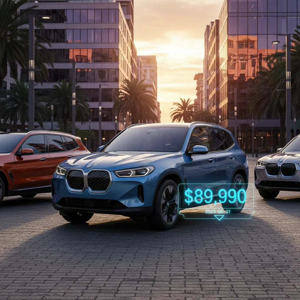 Editorial photo-realistic HERO image for automotive news (2026-06-01). Feature BMW vehicles specifically iX3. Scene: A sleek new BMW iX3 parked in an 