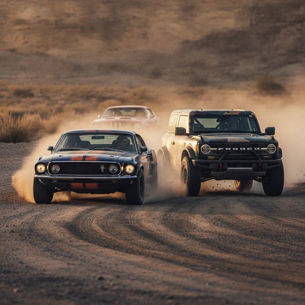 Editorial photo-realistic HERO image for automotive news (2026-06-14). Feature Ford vehicles specifically Mustang, Bronco. Scene: A high-octane motors