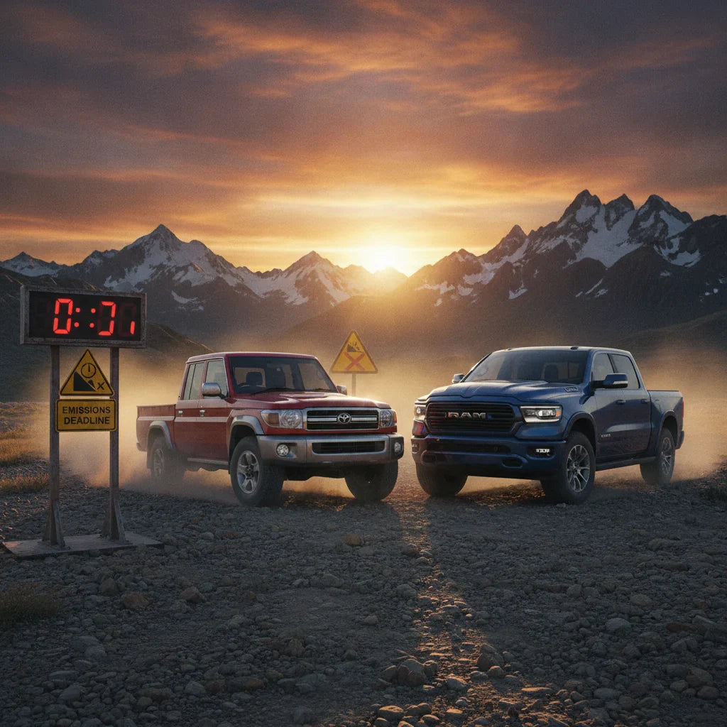 Editorial photo-realistic HERO image for automotive news (2026-07-06). Feature Toyota and Ram vehicles specifically LandCruiser 70 Series, Ram 1500. S