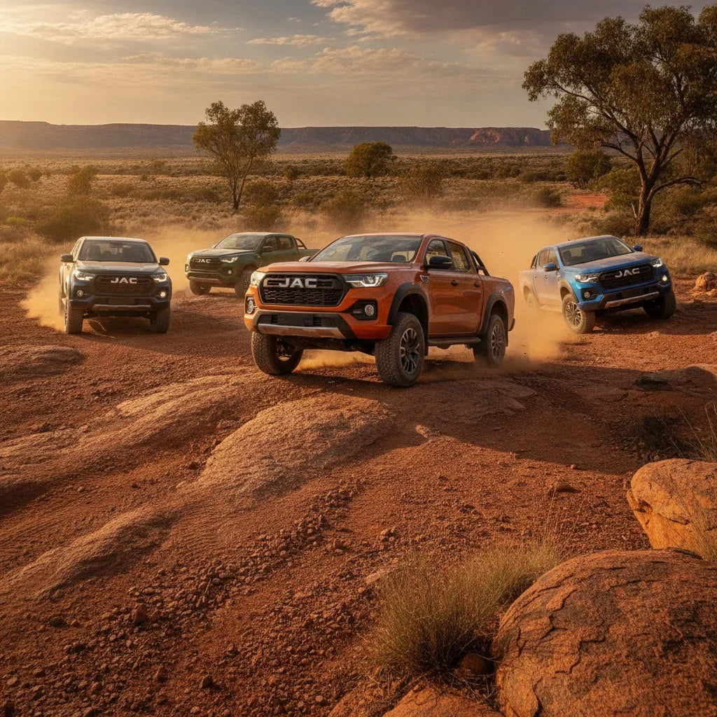 Editorial photo-realistic HERO image for automotive news (2026-08-28). Feature JAC vehicles specifically Hunter PHEV. Scene: The JAC Hunter PHEV is sh