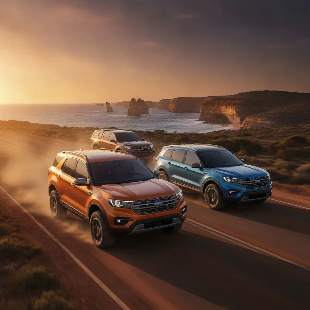Editorial photo-realistic HERO image for automotive news (2026-09-10). Feature Ford vehicles specifically Chinese-built models. Scene: A vibrant Austr
